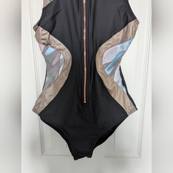 NWOT Next Womens (Medium) Front Zip Black & Metallic Racerback Bathing/Swim Suit - Picture 3 of 16